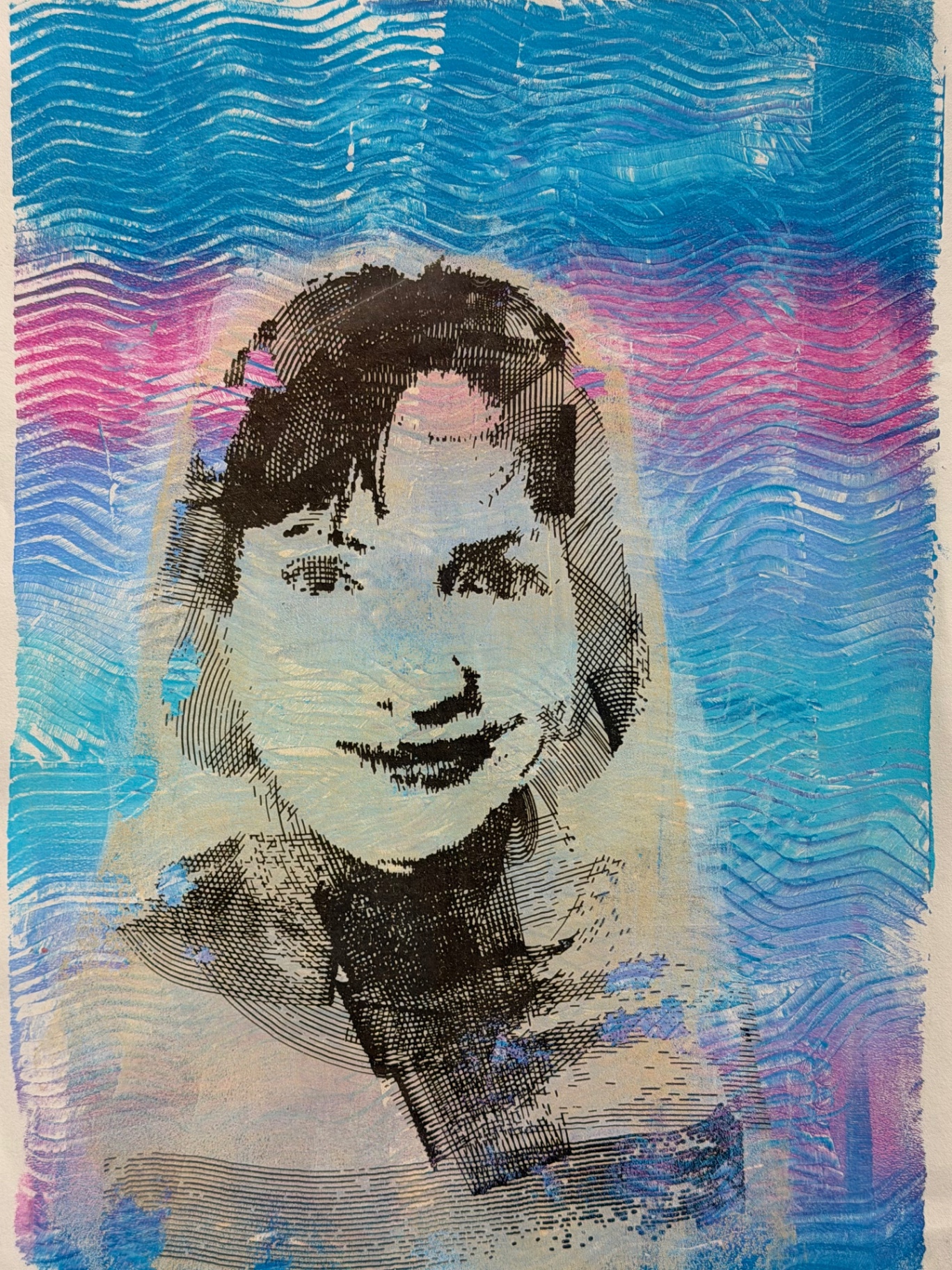 Monoprint self portrait on a blue and purple wavy ground