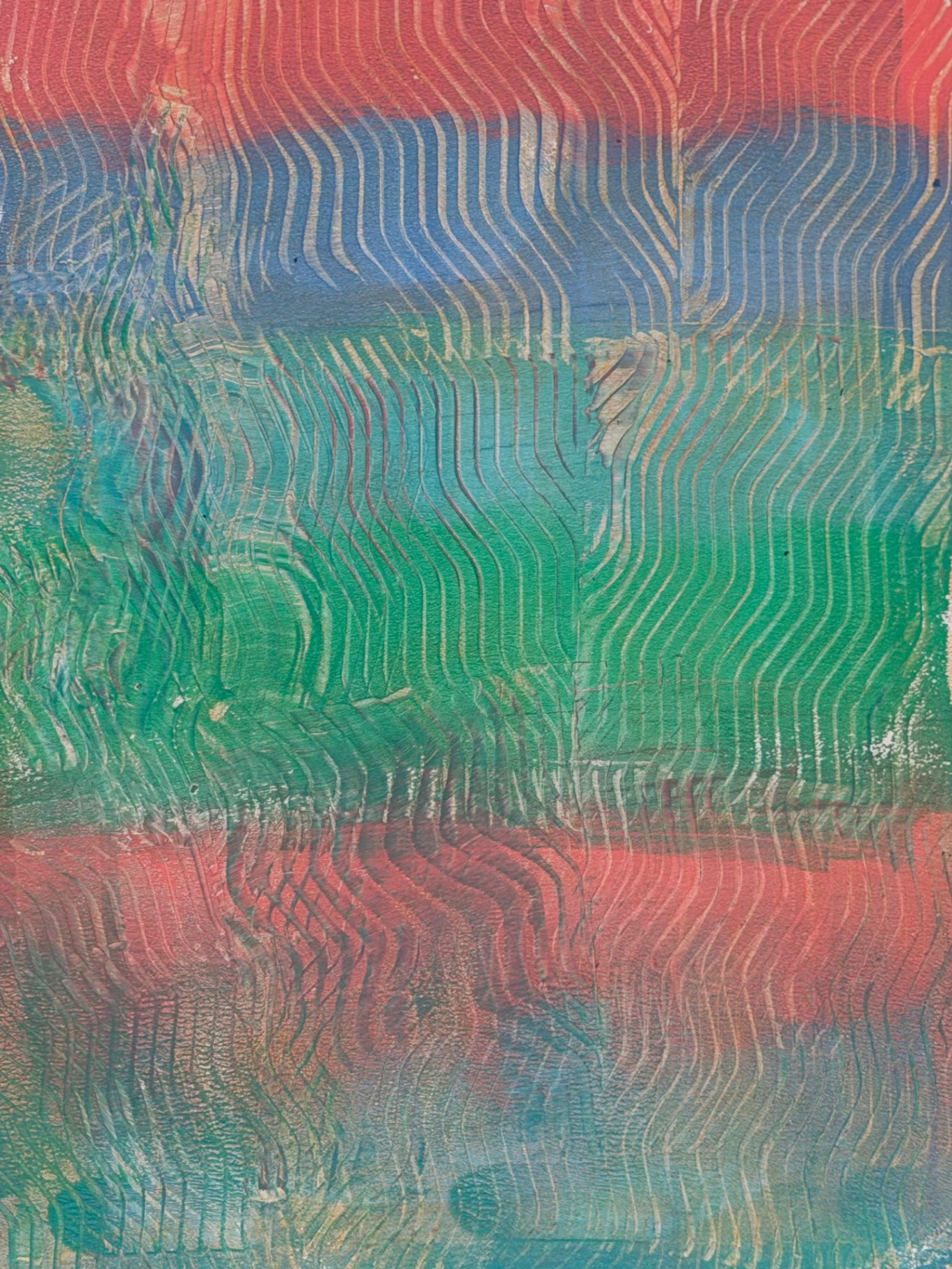 Abstract monoprint of flowing wavy bands in red, blue and green