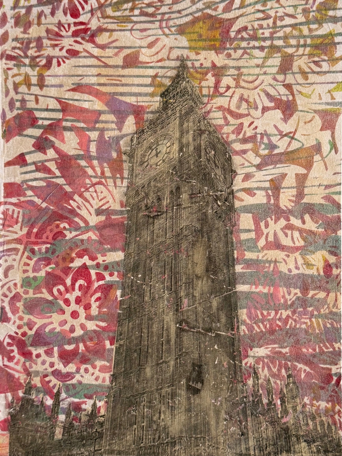Print of Big Ben over a spring-toned floral patterned ground