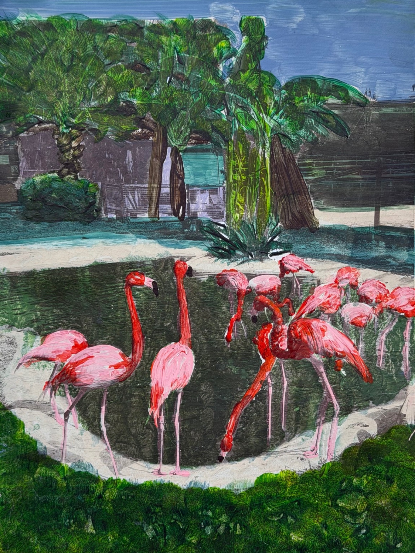 Print and painting of pink flamingos standing in a green city garden