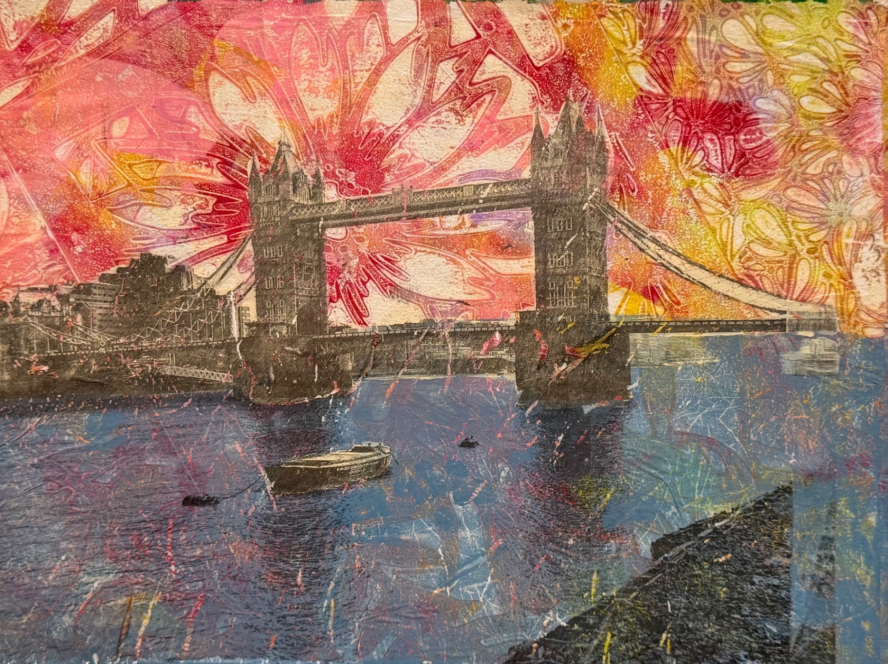 Print of Tower Bridge at sunset with vivid pink, red and yellow sky over blue water