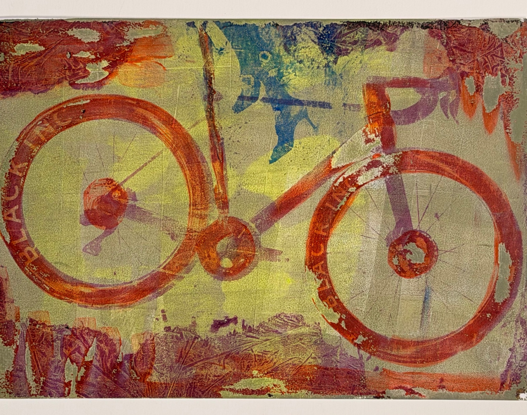 Abstract monoprint with large circular wheel forms in red, orange and green