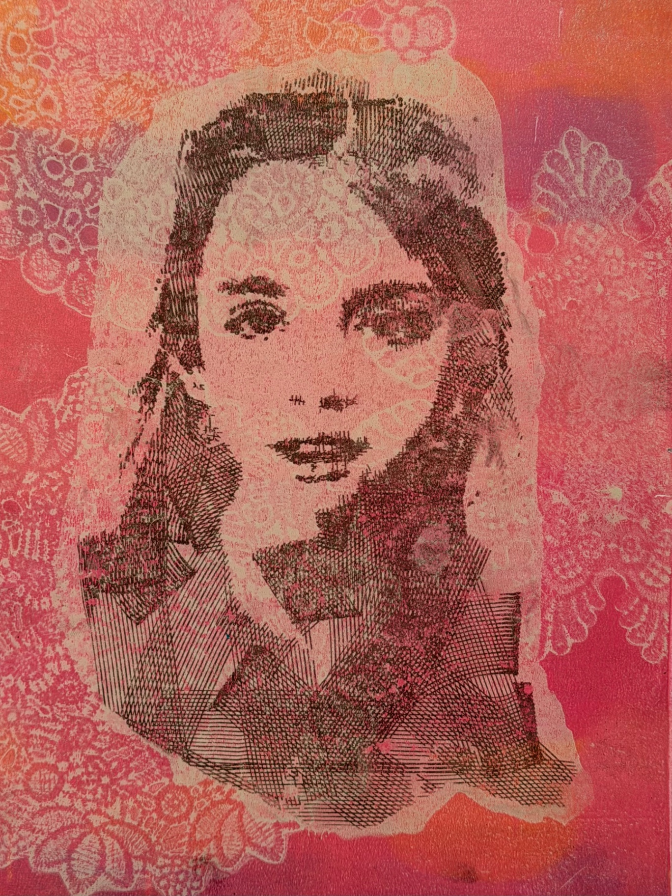 Monoprint portrait of a girl on a vivid pink and orange patterned ground