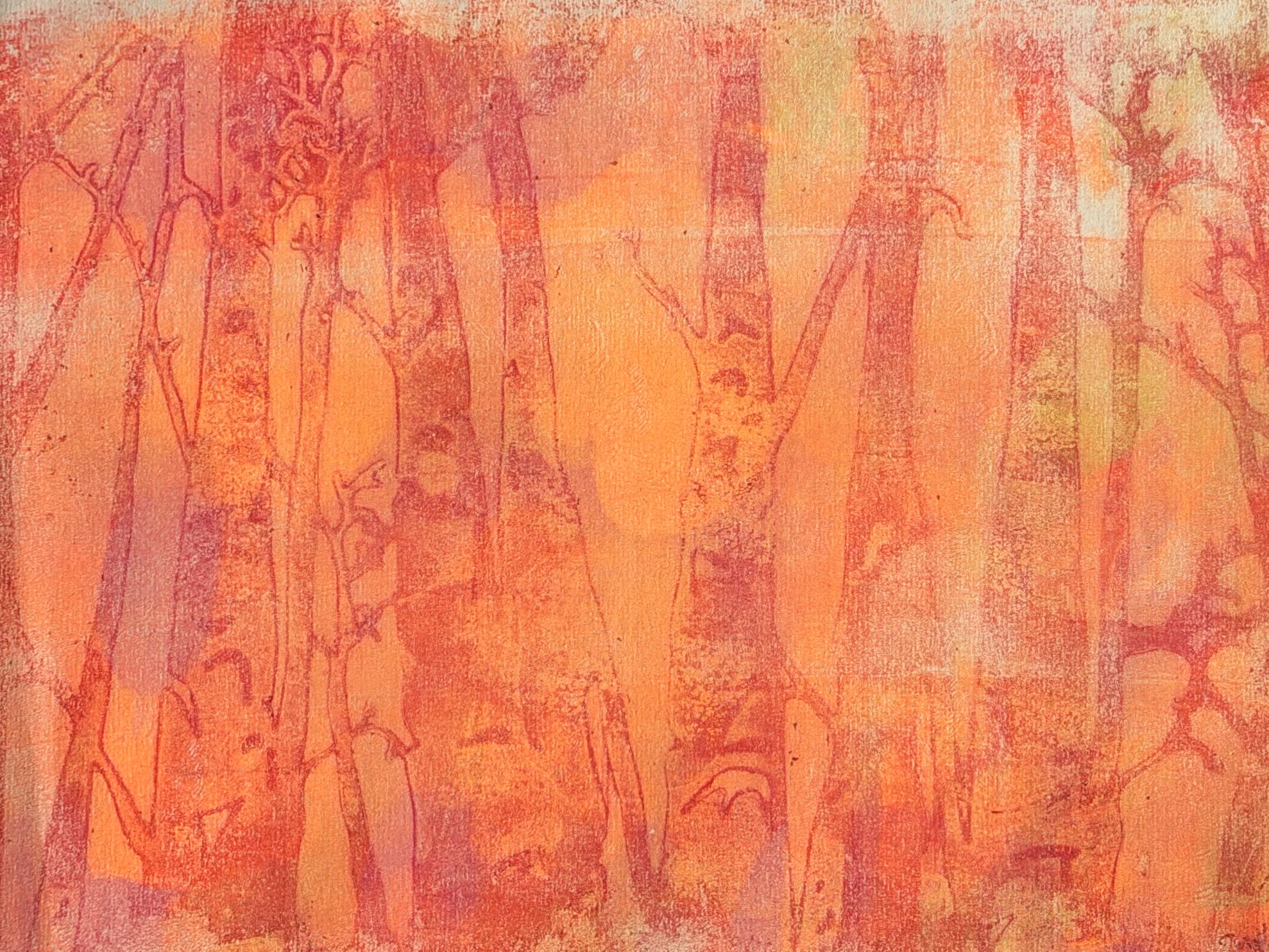 Monoprint of birch trees in fiery orange and red tones