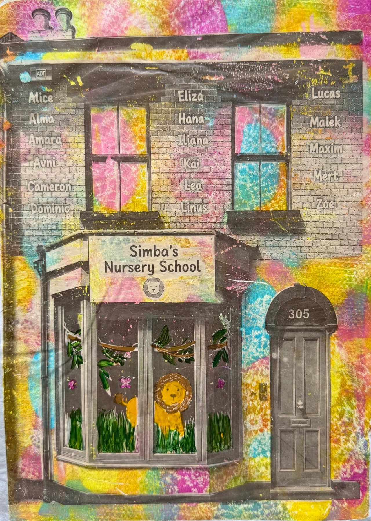 Printed nursery school shopfront with a painted lion in the window, surrounded by pink, yellow and turquoise colour