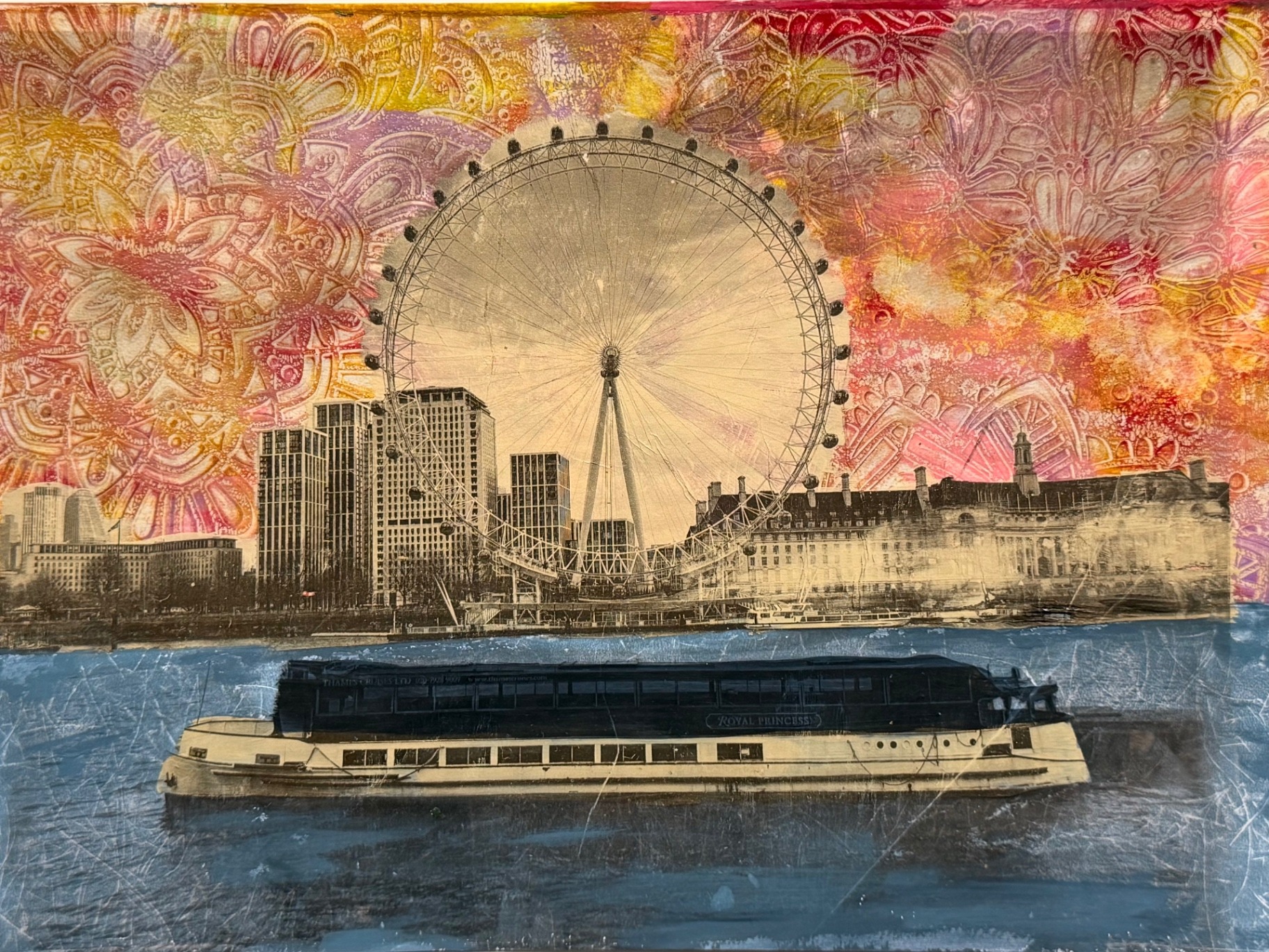 Print of the Royal Princess boat on the Thames in front of the London Eye